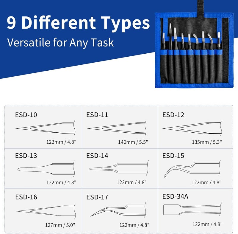 XOOL Precision Tweezers Set, 9 PCS ESD Tweezers Set, Anti-Static Stainless Steel Tweezers Kit, Multi-standard Stainless Steel Tweezers for Lab, Electronics, Jewelry and Detailed Work - Image 2